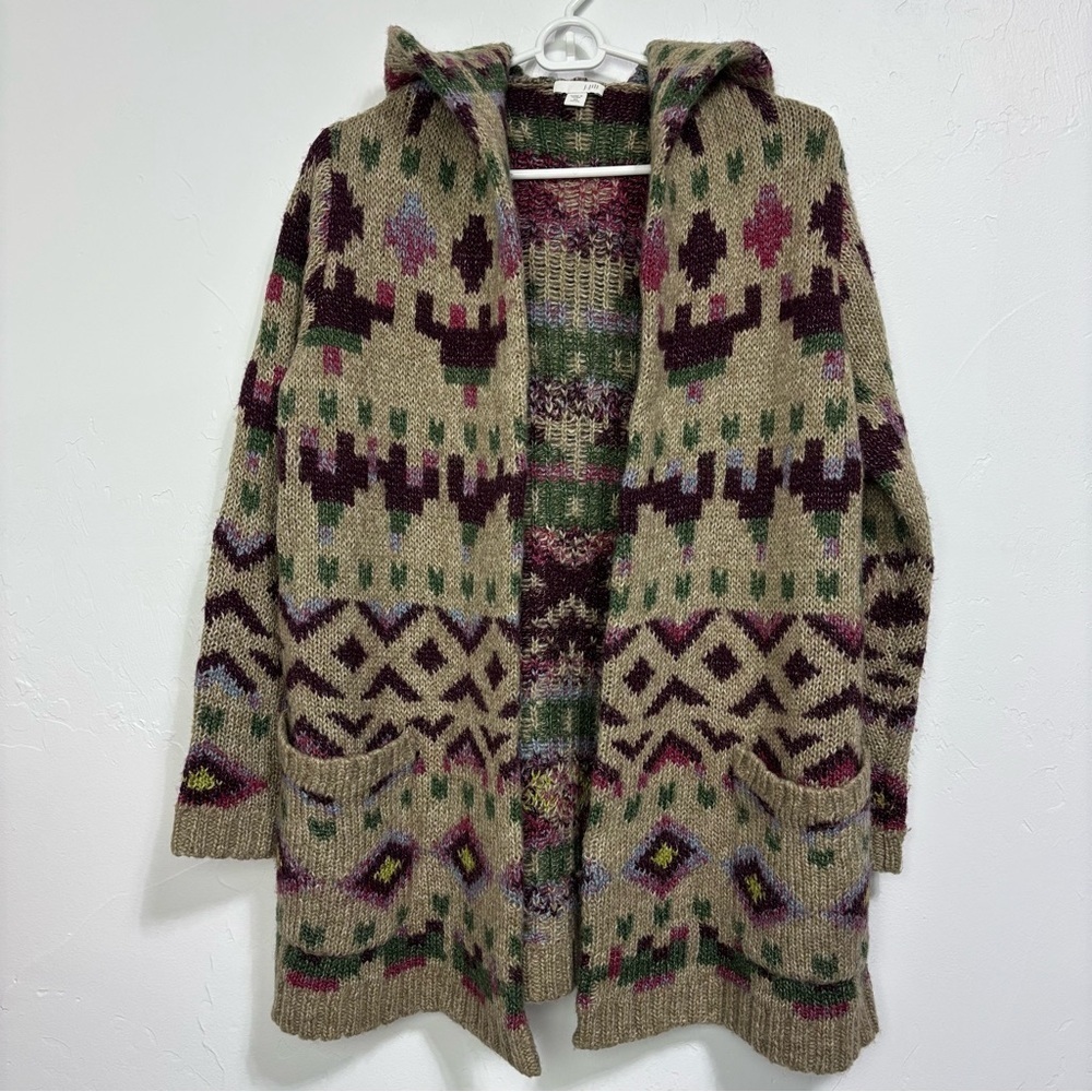 J Jill Southwestern Aztec Boho Wool Sweater Cardigan Hooded Women's Petite XS